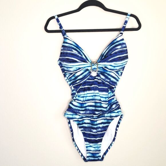 NWT La Blanca Twist Front Keyhole Slimming Fit One Piece Swimsuit Blue Size 6 - Picture 3 of 8